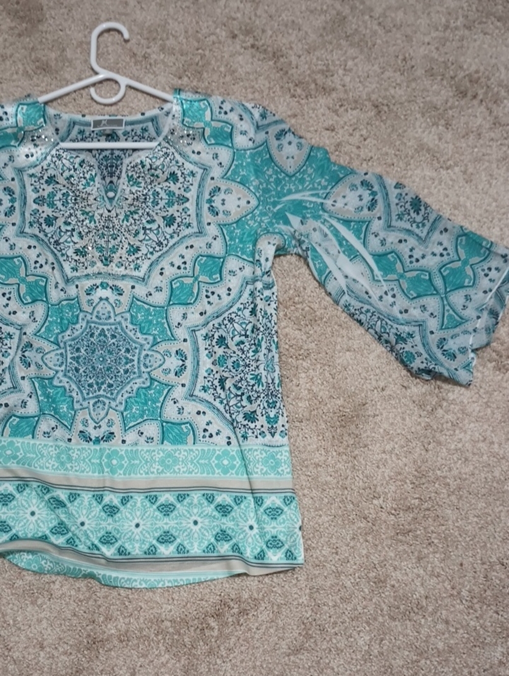 JM Collection Paisley Boho Tunic Top Beaded V-Neck XL Turquoise White NWOT - Picture 13 of 15